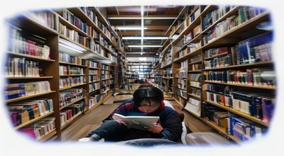 大学生在图书馆用平板电脑访问18c.mic学习资源，周围书籍环绕，学习氛围浓厚
